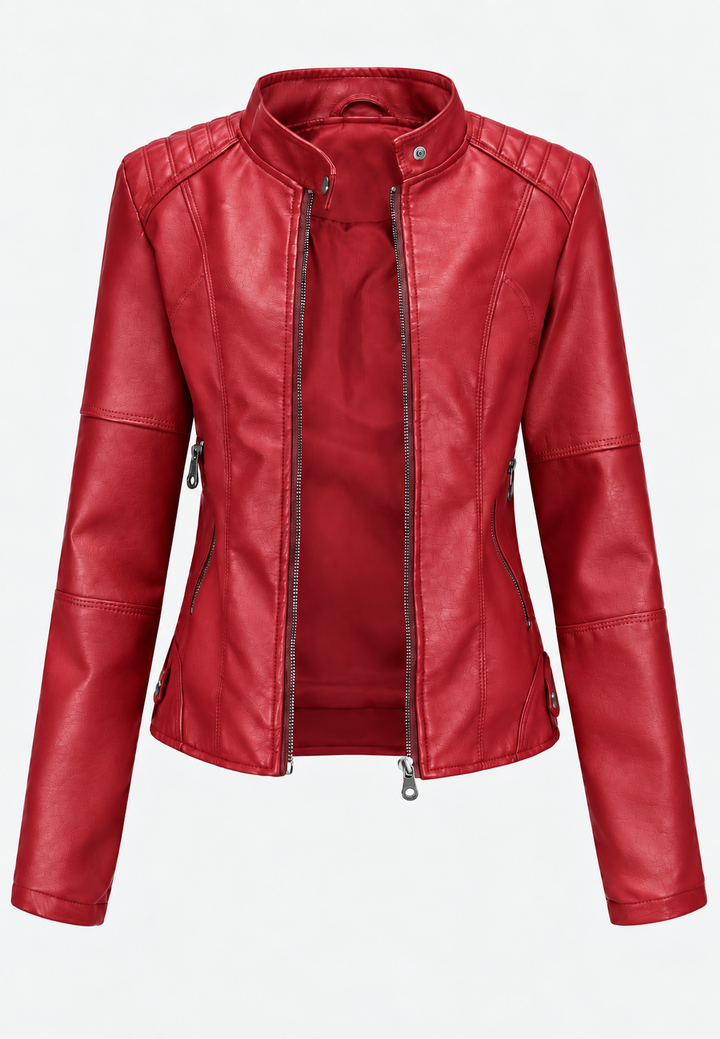 Damen-Jacke in Lederoptik mit Stehkragen, Taschen und Reißverschluss – Iseult