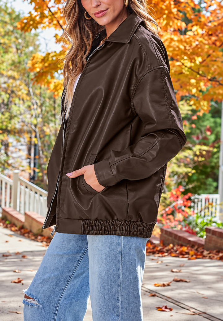 Oversize-Damenjacke in Lederoptik mit elastischem Saum – Alizée