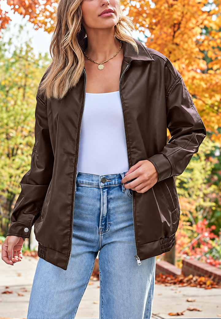 Oversize-Damenjacke in Lederoptik mit elastischem Saum – Alizée