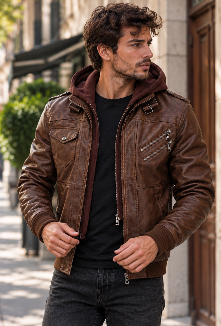 Herrenjacke in Lederoptik mit Reißverschlusstaschen - Dervan