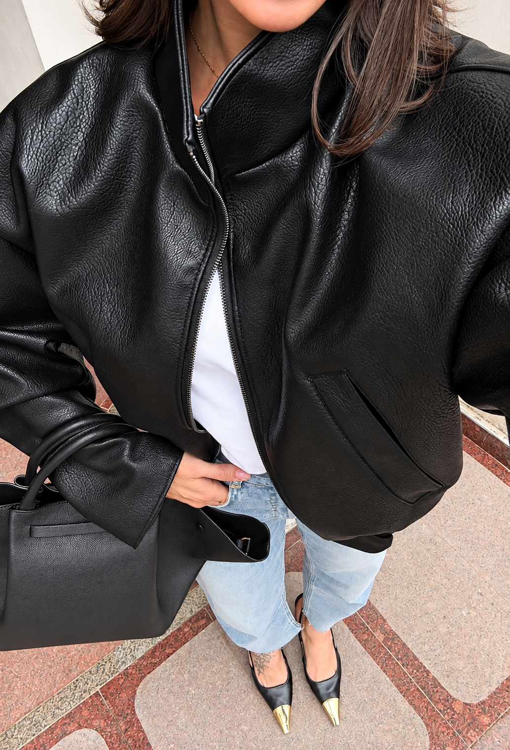 Damen Bomberjacke in Lederoptik mit Stehkragen und Reißverschluss - Sienna