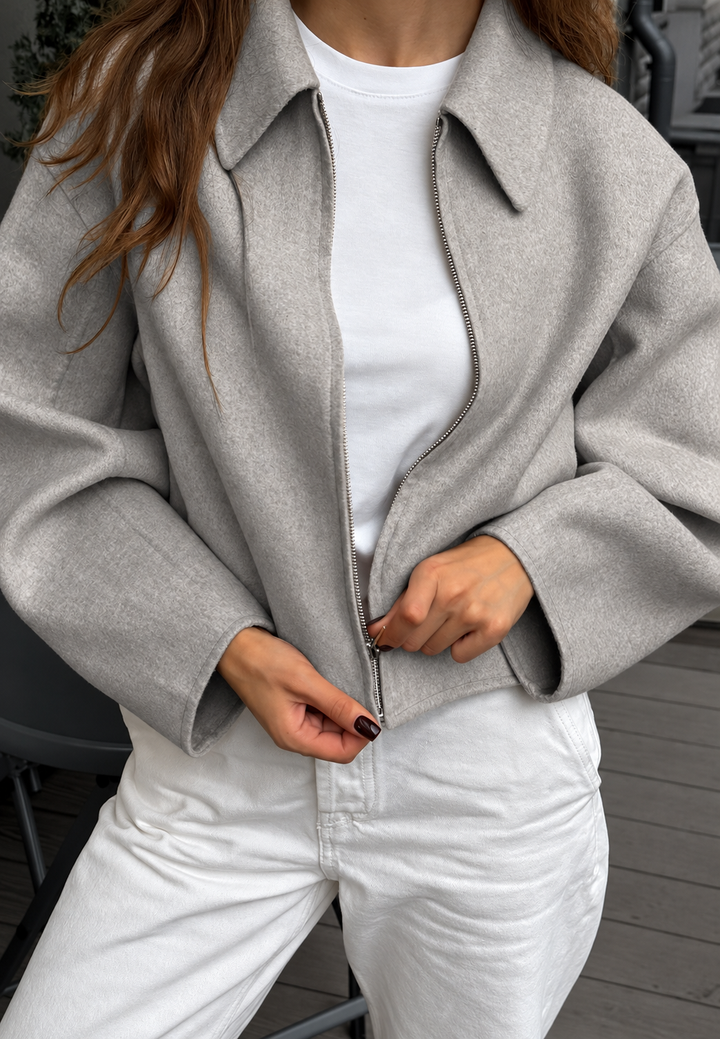 Damen kurze Jacke in Wollstoff-Optik mit Hemdkragen - Maura