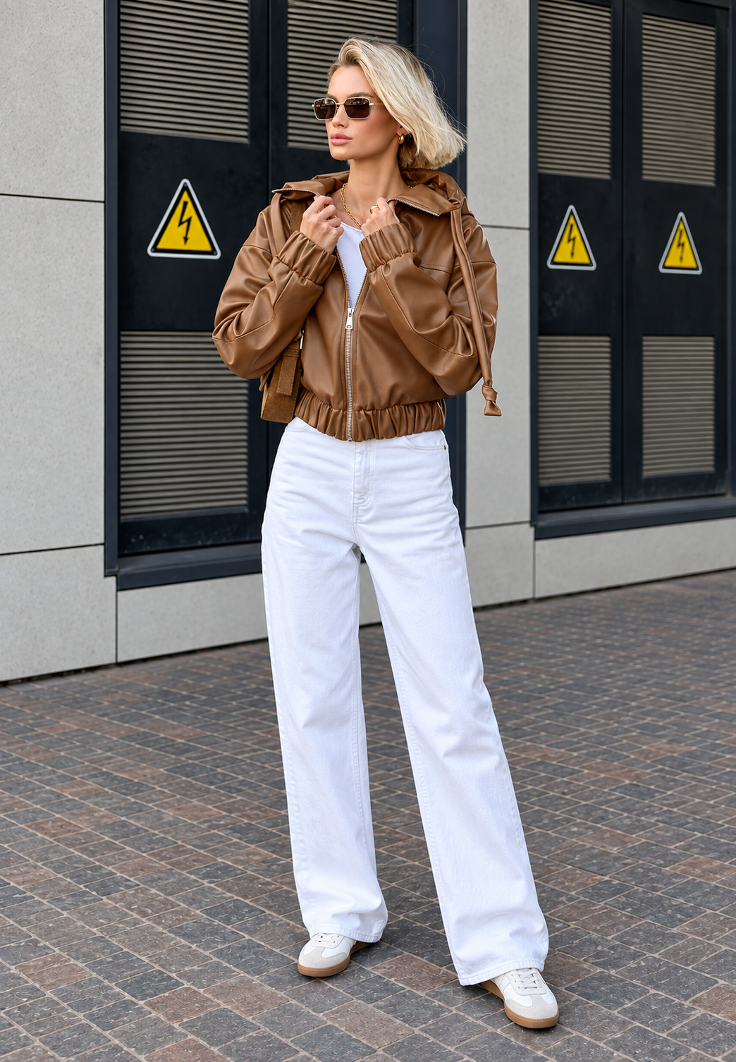 Damen-Jacke in Lederoptik mit Kapuze und Reißverschluss – Nerea