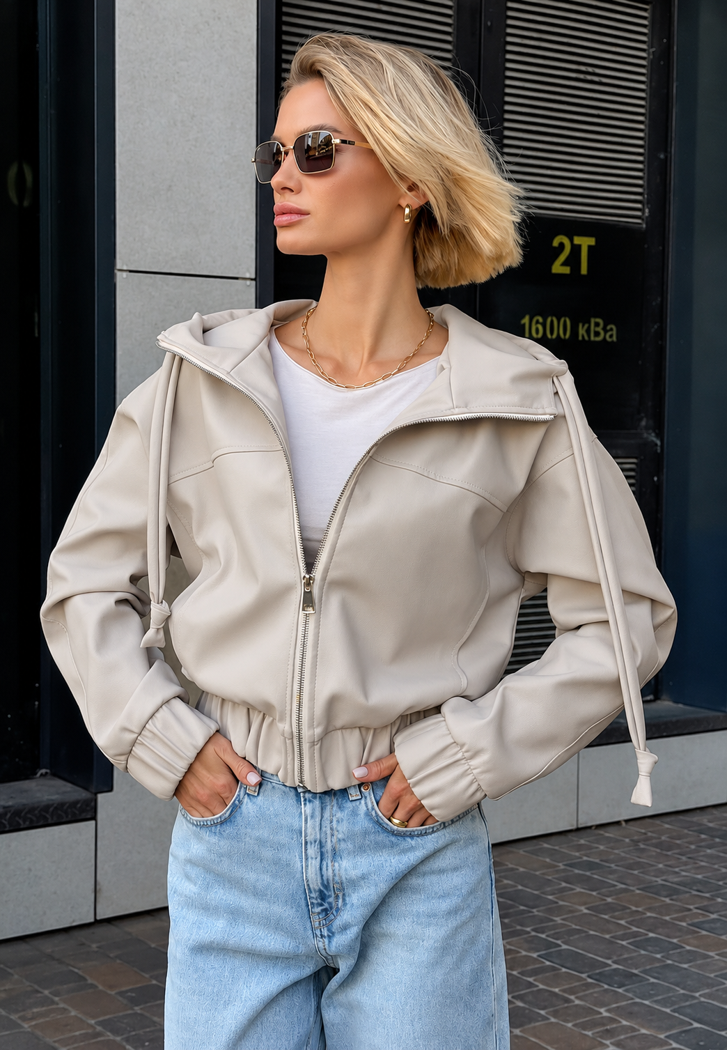 Damen-Jacke in Lederoptik mit Kapuze und Reißverschluss – Nerea