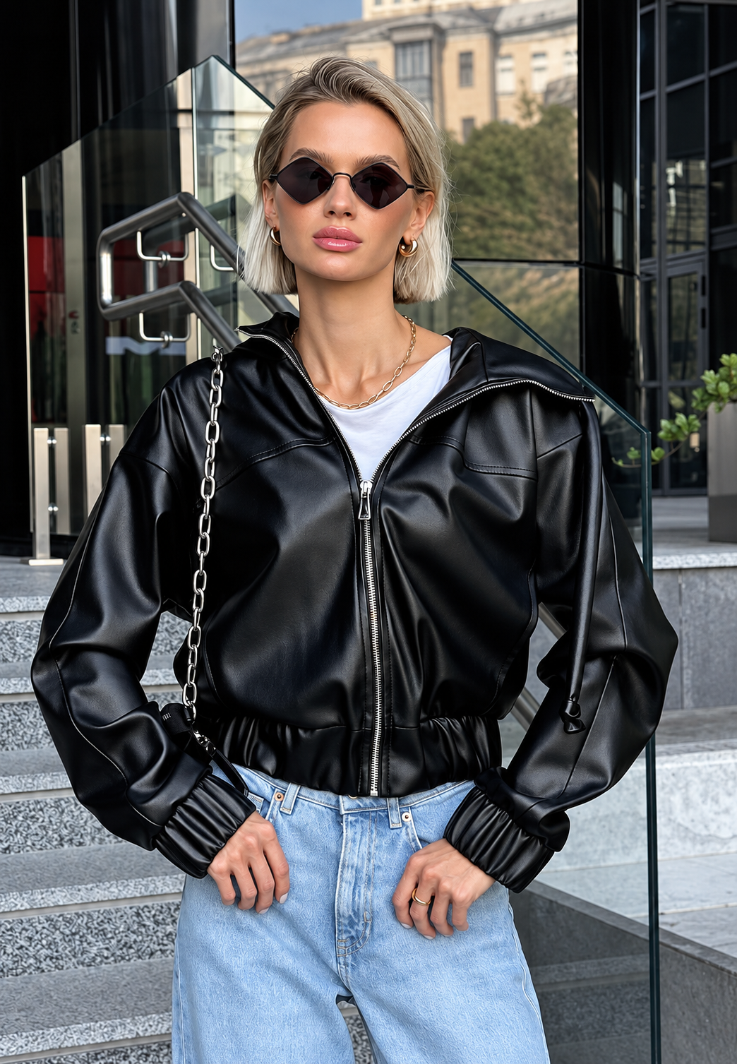Damen-Jacke in Lederoptik mit Kapuze und Reißverschluss – Nerea