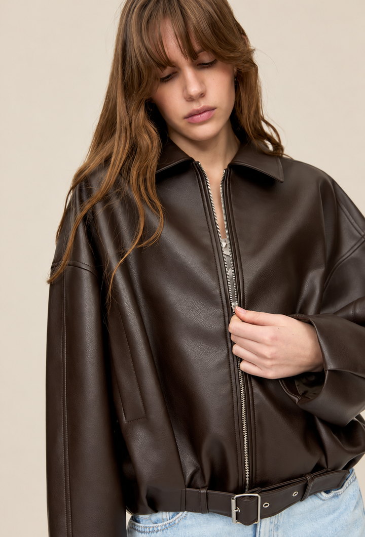 Damen-Jacke in Lederoptik mit Schnallengürtel - Ismérie