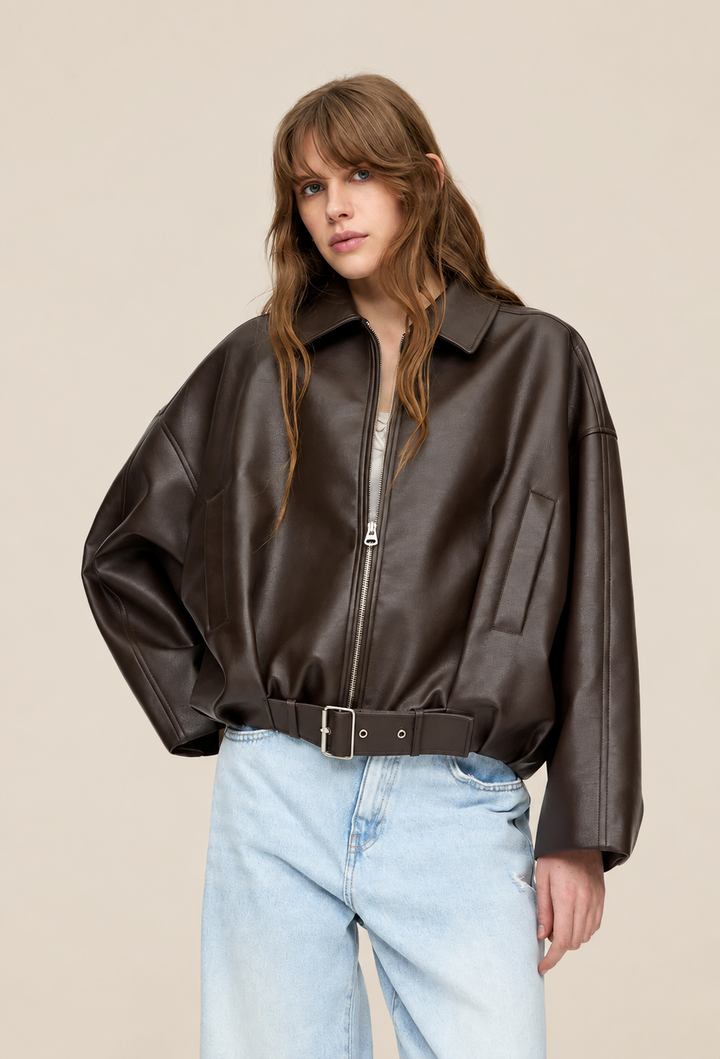 Damen-Jacke in Lederoptik mit Schnallengürtel - Ismérie