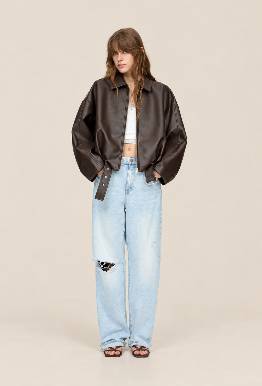 Damen-Jacke in Lederoptik mit Schnallengürtel - Ismérie