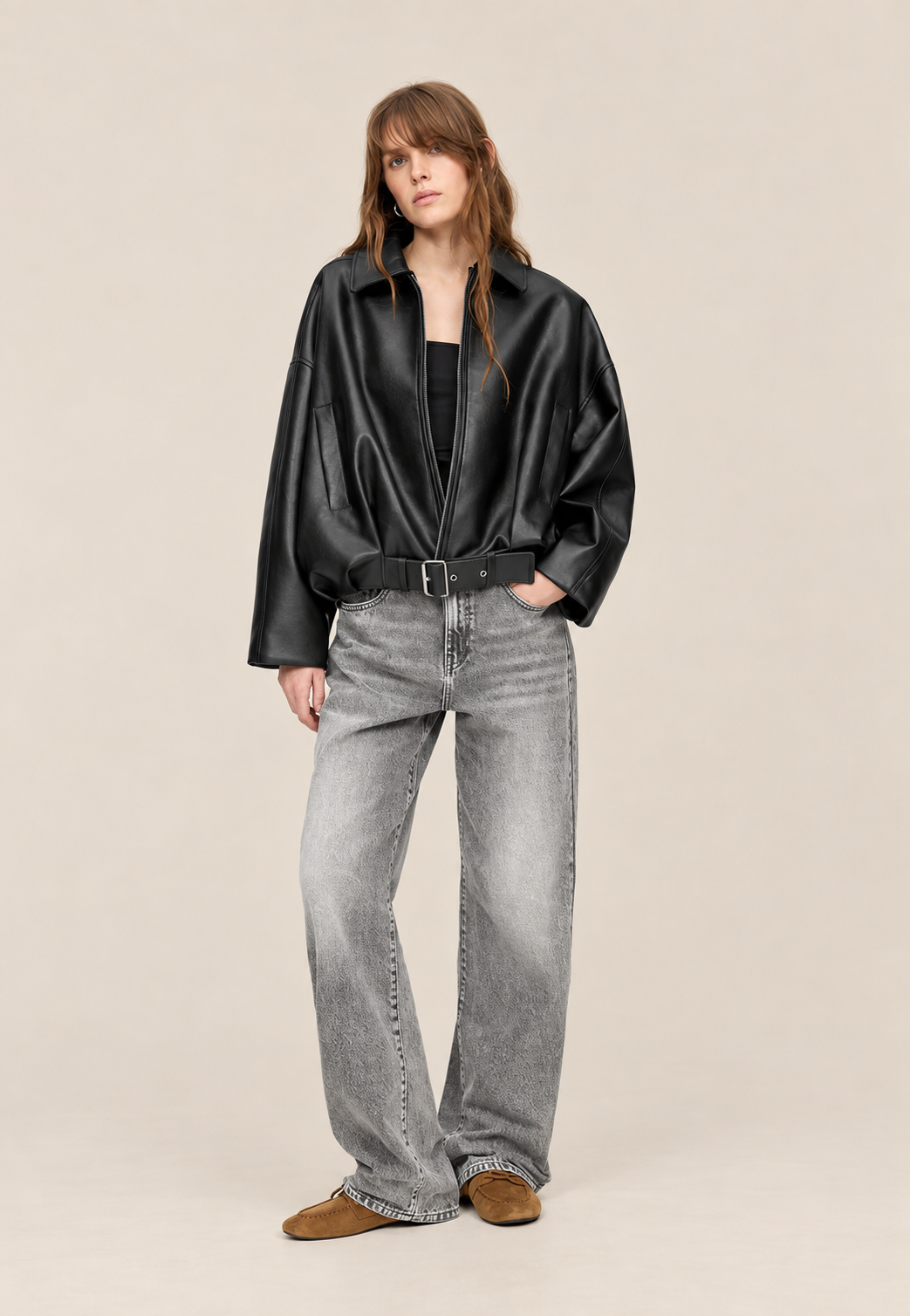 Damen-Jacke in Lederoptik mit Schnallengürtel - Ismérie