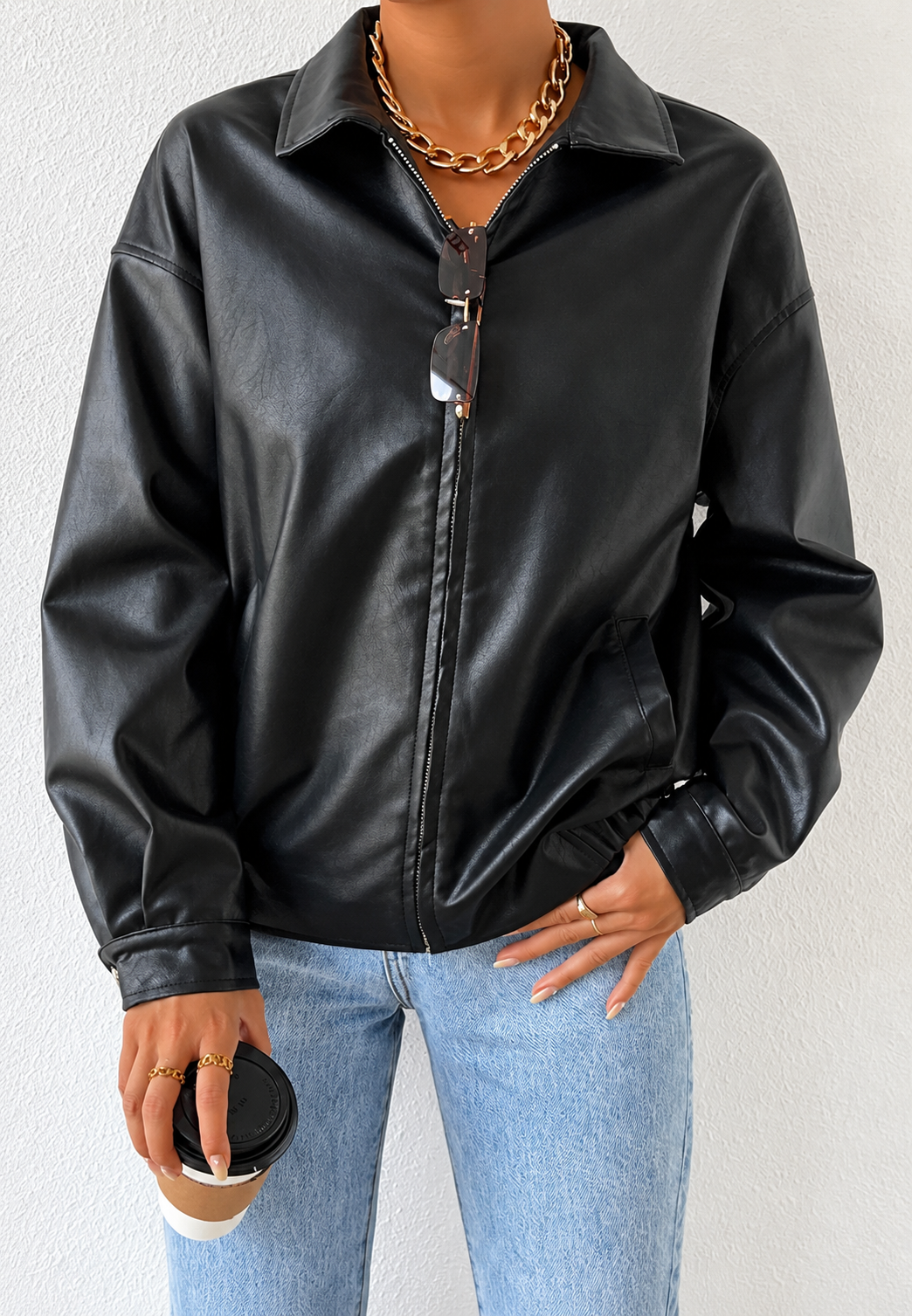 Damen-Jacke in Lederoptik mit Reißverschluss und Hemdkragen – Aroa