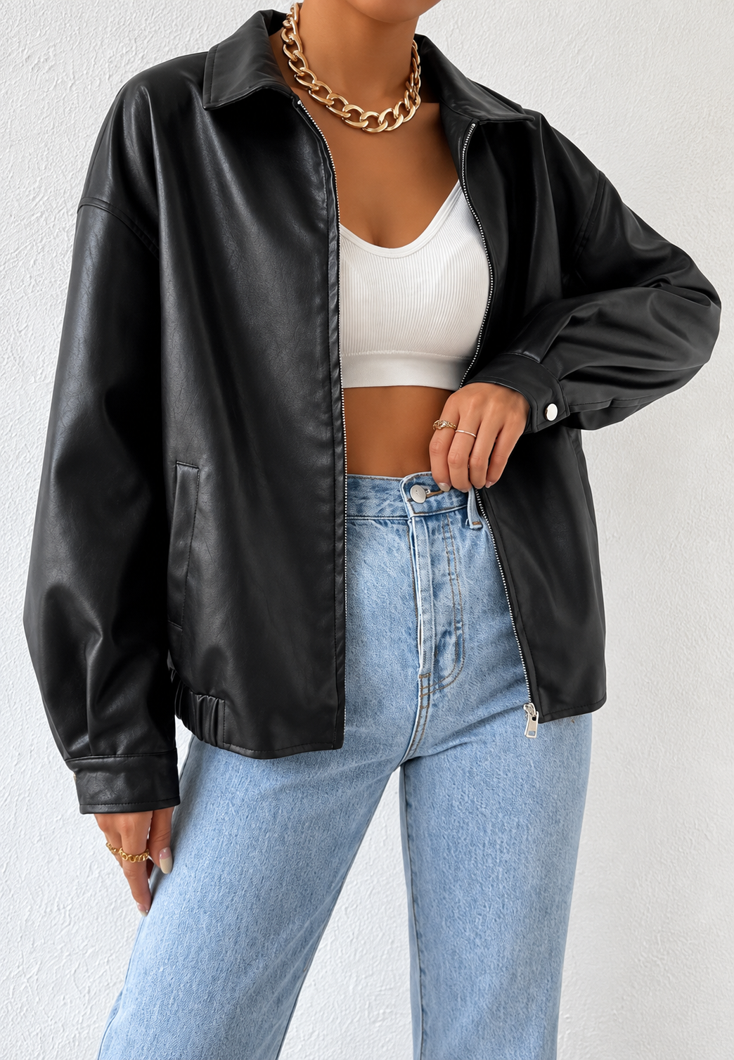 Damen-Jacke in Lederoptik mit Reißverschluss und Hemdkragen – Aroa