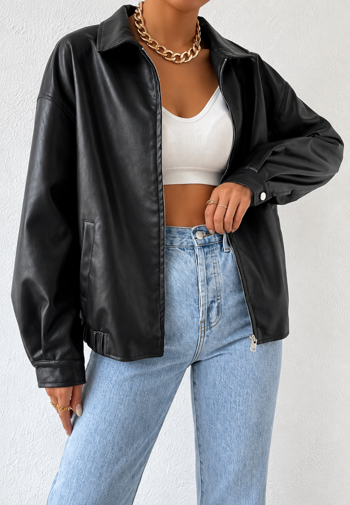 Damen-Jacke in Lederoptik mit Reißverschluss und Hemdkragen – Aroa