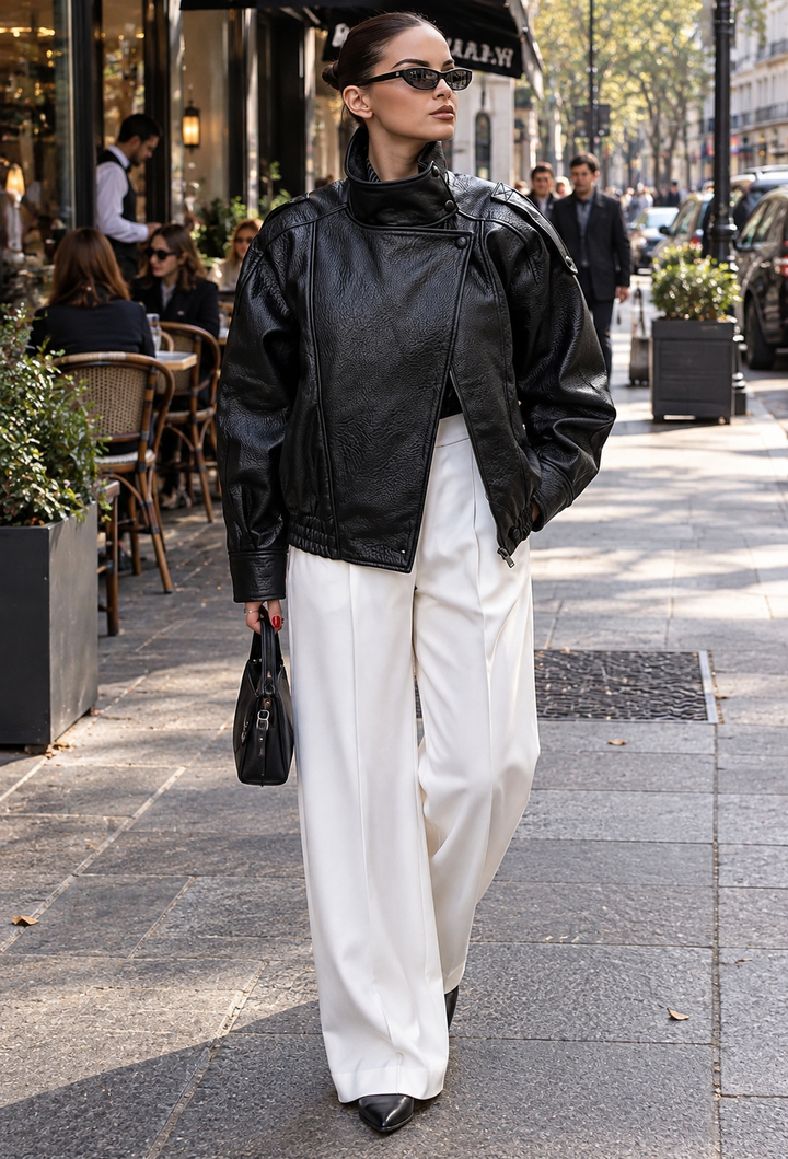 Damen Jacke in Lederoptik mit Stehkragen und Schulterriemen - Zélie