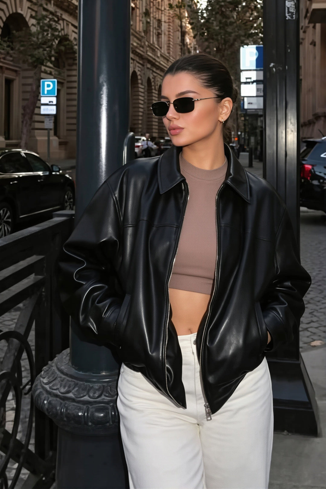 Oversize-Damenjacke in Lederoptik mit Hemdkragen – Arlet