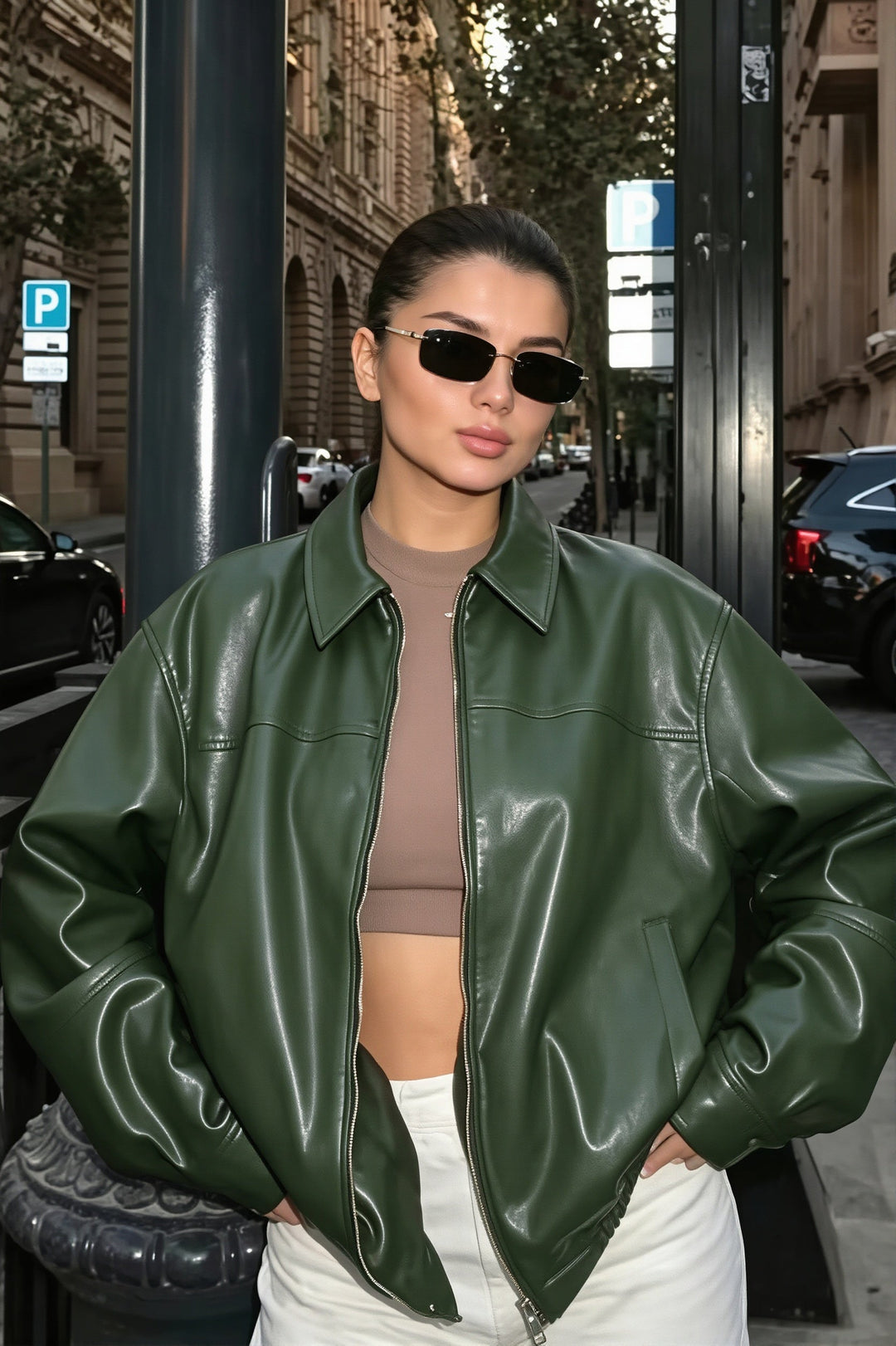 Oversize-Damenjacke in Lederoptik mit Hemdkragen – Arlet