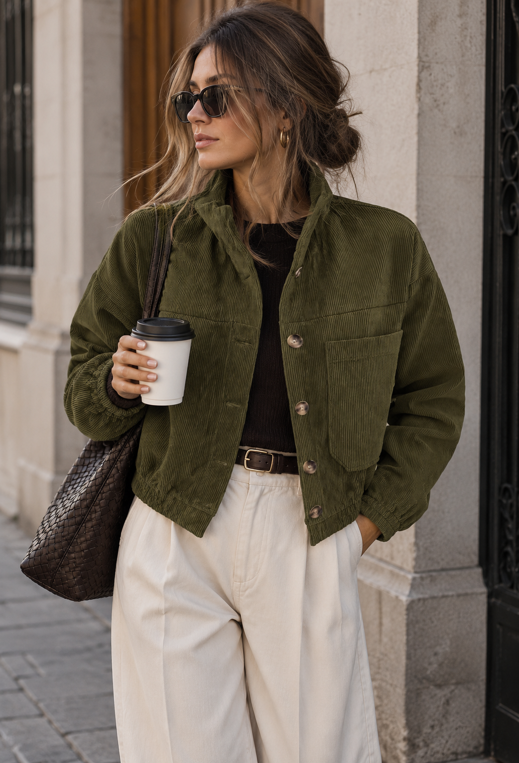Kurze Damen-Cordjacke mit Hemdkragen und aufgesetzten Taschen – Anouk