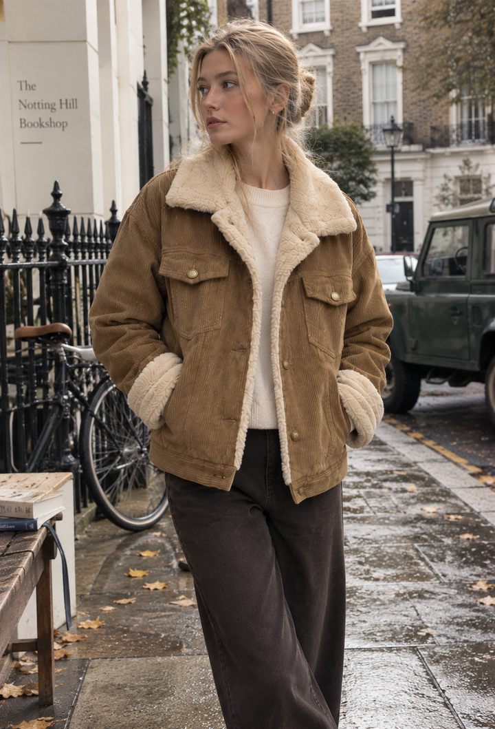 Damen-Cordjacke mit Lammfelloptik am Kragen und Taschen – Sidonie