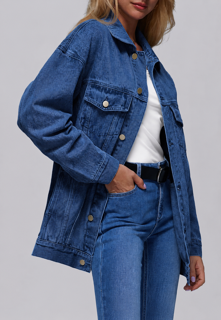 Lange Oversize-Jeansjacke für Damen mit Patten-Taschen – Eira