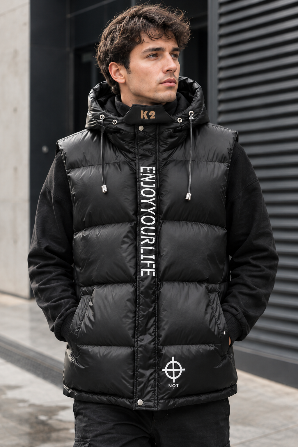 Herren-Steppweste mit verstellbarer Kapuze und glänzender Oberfläche im urbanen Stil - Keldan