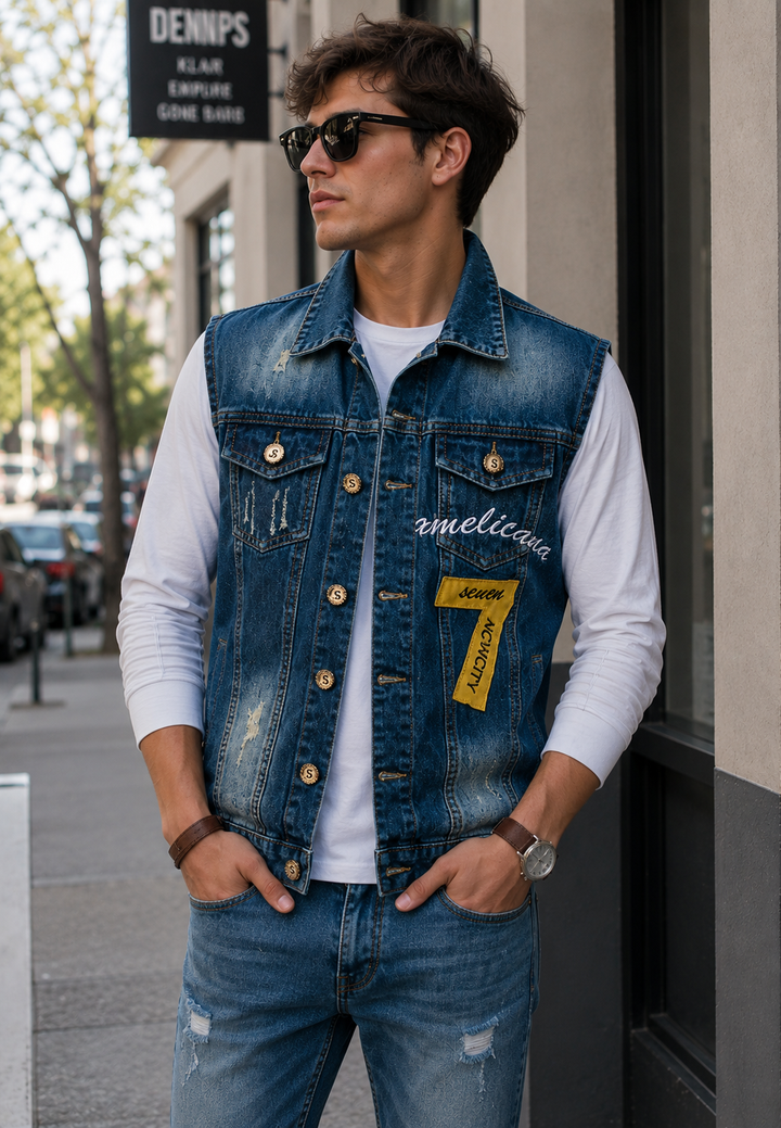 Herren-Jeansweste mit Stickerei im Washed-Look – Leander