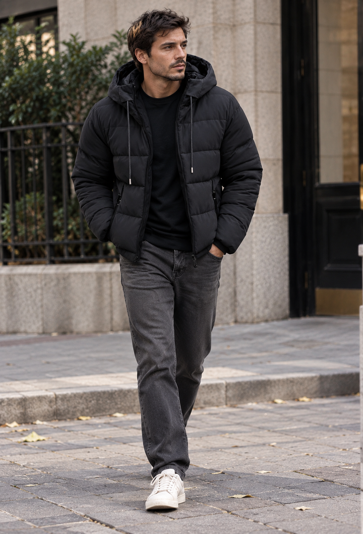 Herren-Steppjacke mit verstellbarer Kapuze, regulärem Schnitt und matter Oberfläche - Nereo