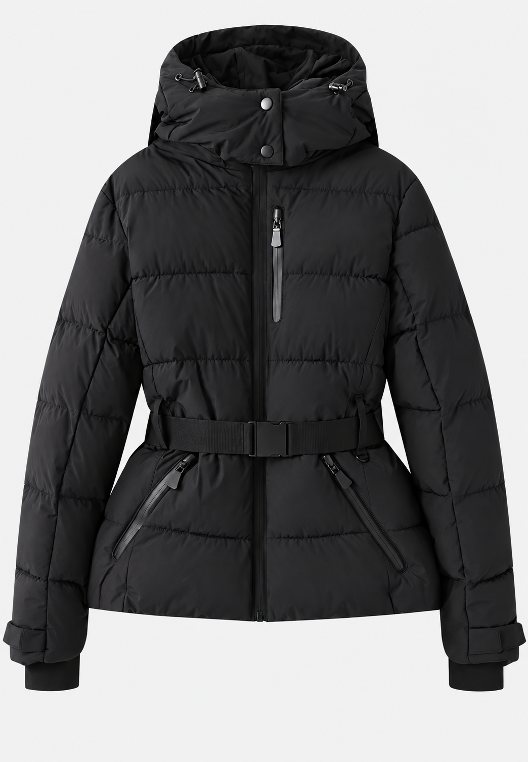 Damen Steppjacke mit Kapuze, verstellbarem Gürtel und Reißverschlusstaschen - Eliane
