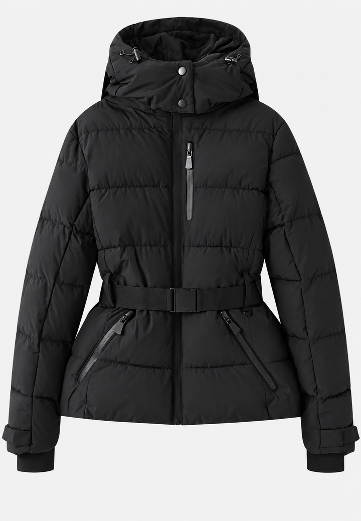 Damen Steppjacke mit Kapuze, verstellbarem Gürtel und Reißverschlusstaschen - Eliane