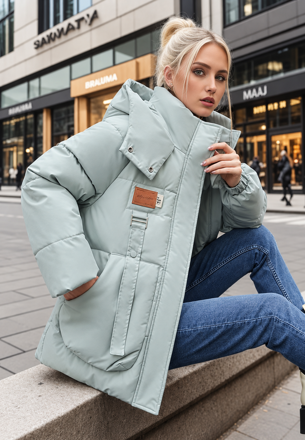 Damen Steppjacke mit Kapuze, Stehkragen und Taschen mit Patte - Iria