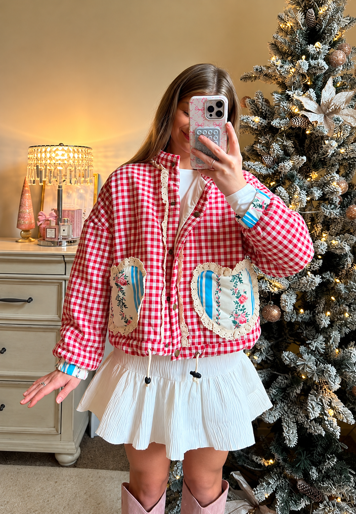 Damen-Steppjacke mit Vichykaros und Herztaschen - Ysoria