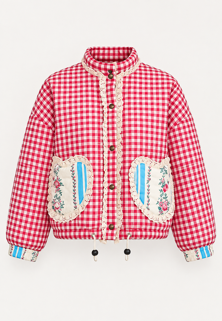 Damen-Steppjacke mit Vichykaros und Herztaschen - Ysoria