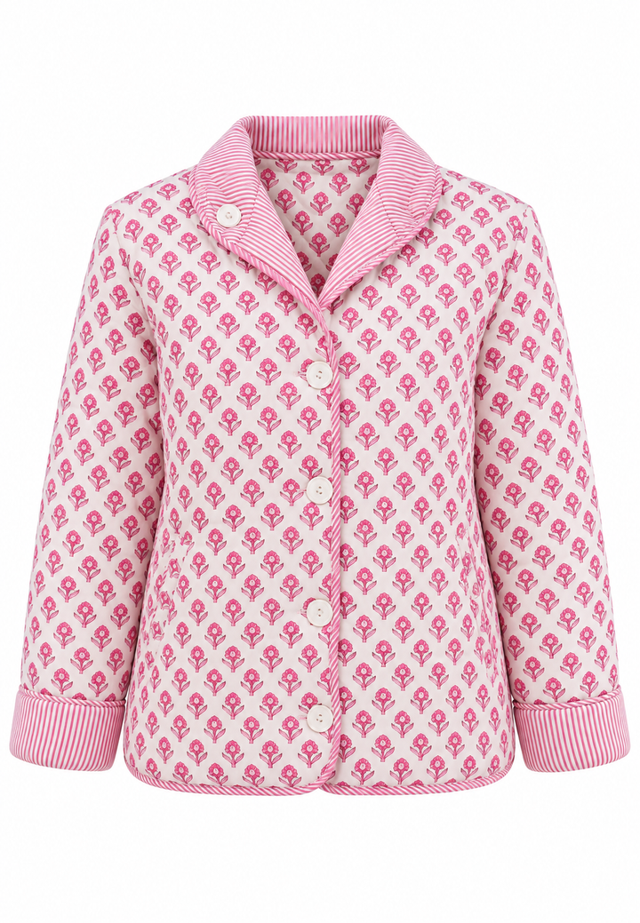 Damen-Steppjacke mit Blumenmuster und gestreiftem Hemdkragen - Lola