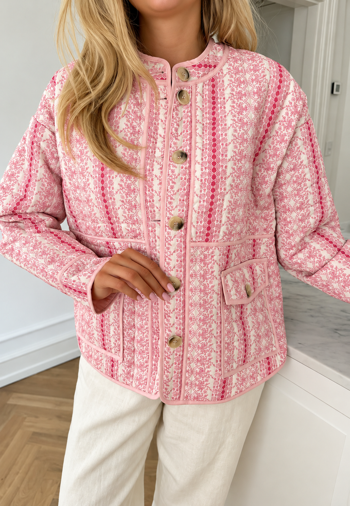 Damen Steppjacke mit Blumenmotiven, Streifen und Knöpfen - Alvina