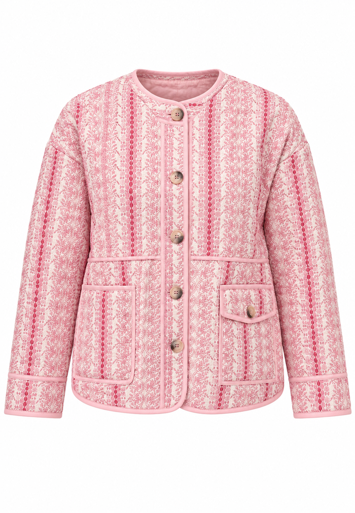 Damen Steppjacke mit Blumenmotiven, Streifen und Knöpfen - Alvina