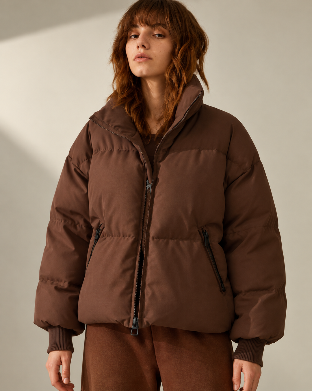 Oversize-Steppjacke für Damen mit hohem Kragen und Reißverschluss – Anouk