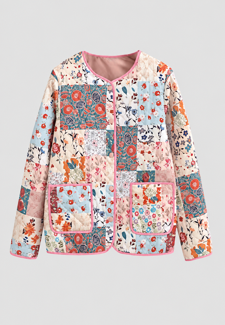 Florale Damen-Patchwork-Steppjacke mit rosa Einfassungen - Sindella