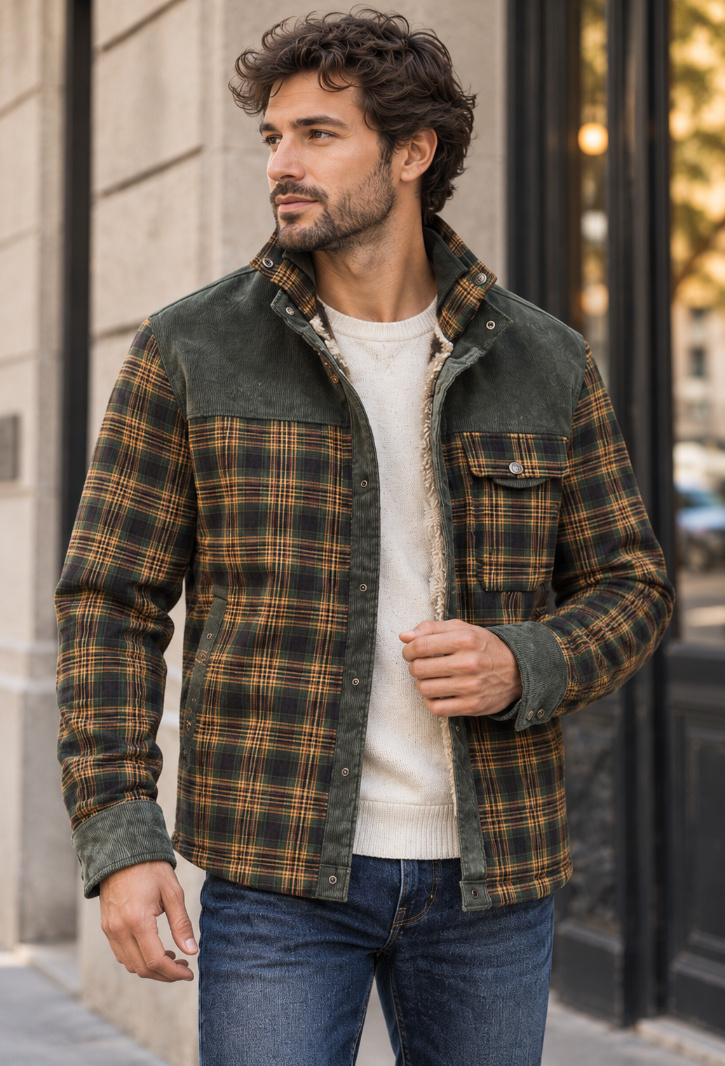 Karierte Herren-Hemdjacke mit Teddyfutter und Stehkragen - Valther