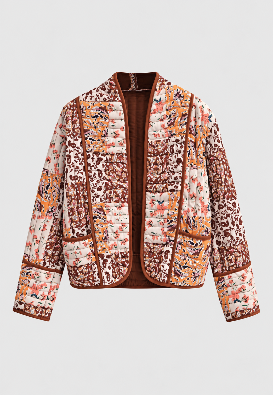 Damen kurze Steppjacke mit Blumen-Patchwork und Besatz - Brienne