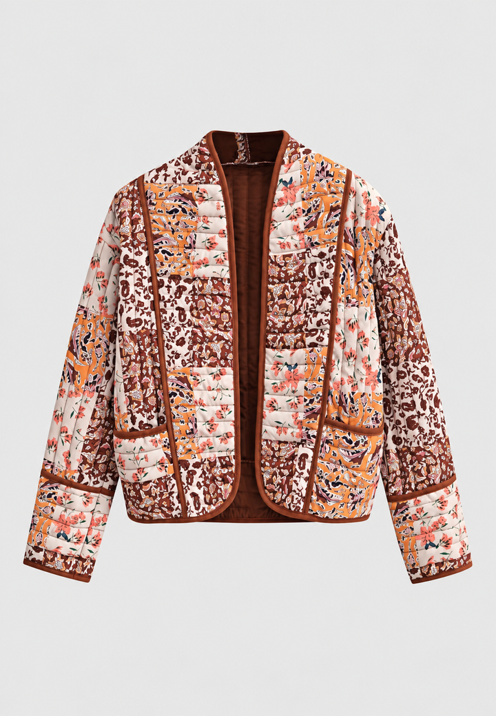 Damen kurze Steppjacke mit Blumen-Patchwork und Besatz - Brienne