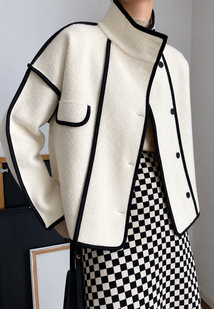 Kurze Damenjacke mit Stehkragen und kontrastierenden Paspeln – Ophélie