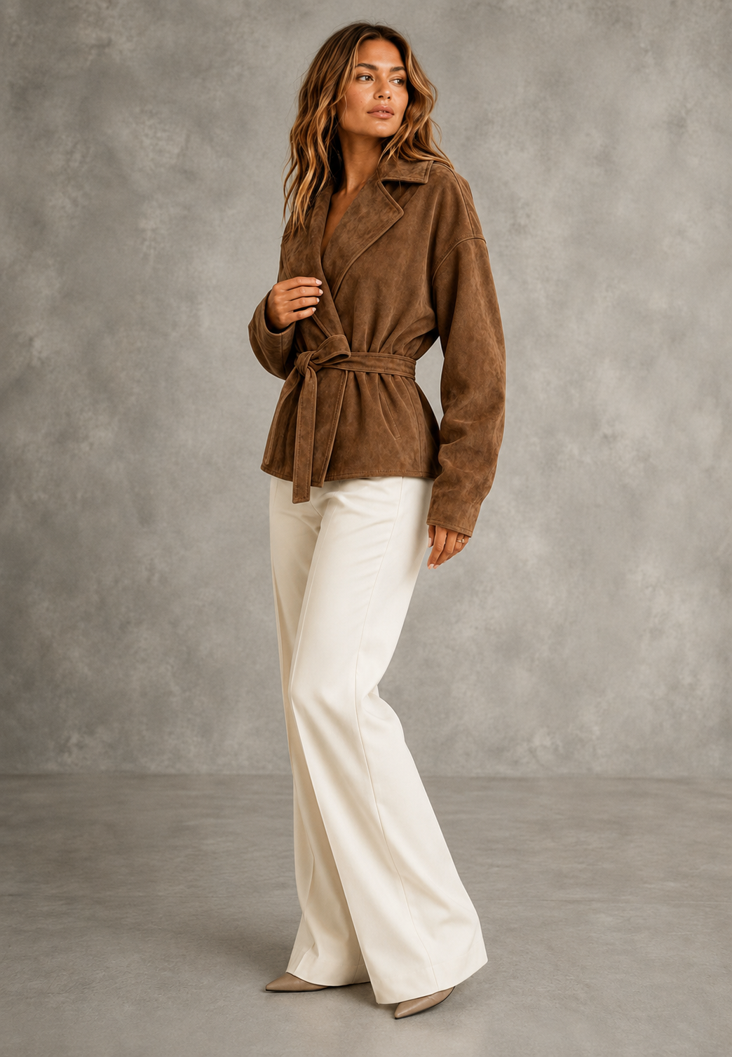 Kurze Damenjacke in Wildlederoptik mit Gürtel und Revers – Valérie