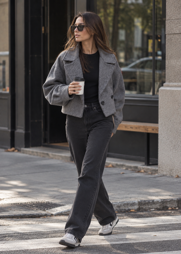 Kurze Damenjacke mit breitem Revers im Oversize-Schnitt – Céliane