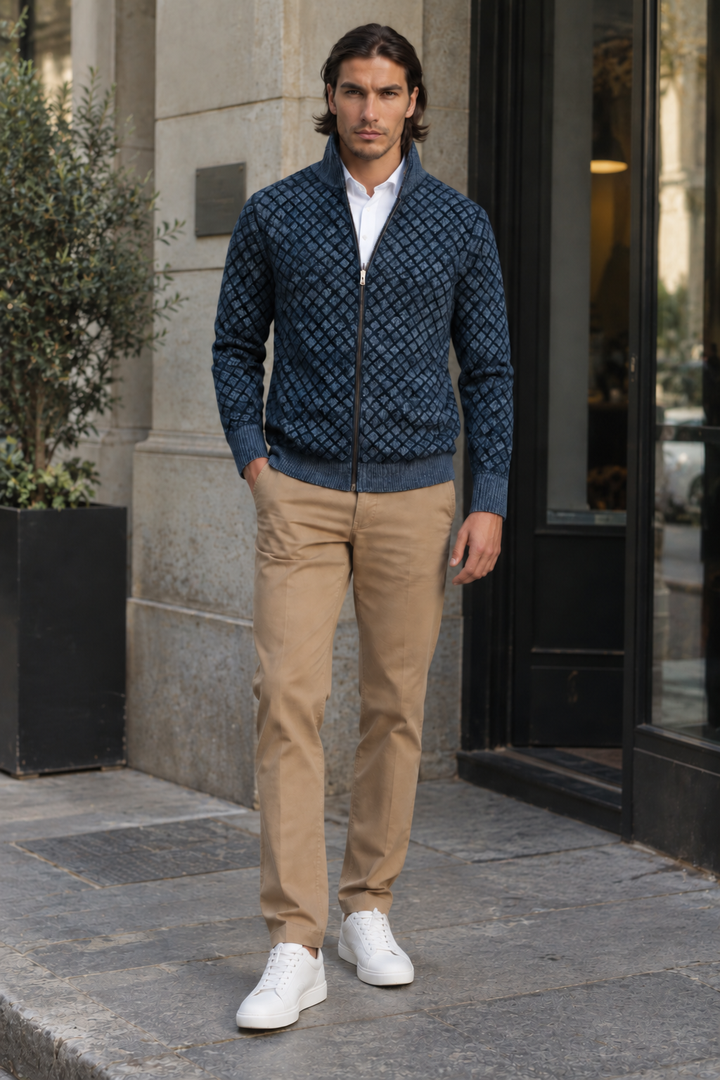 Herren-Strickjacke mit Rautenmuster, Stehkragen und Reißverschluss – Gaëtan