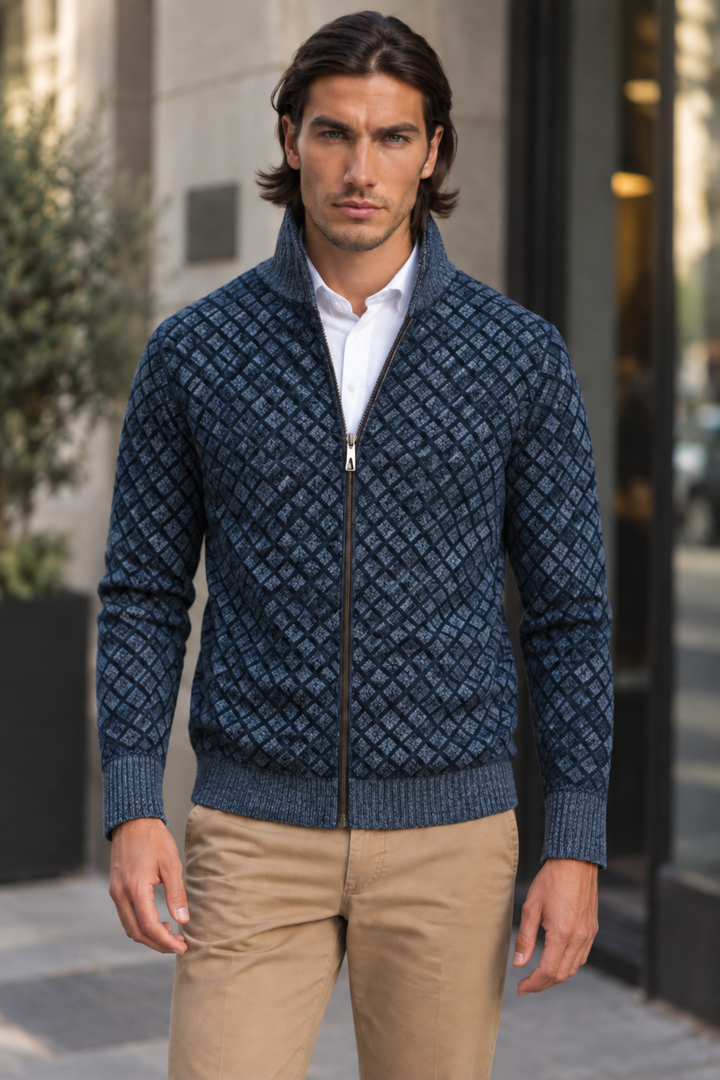 Herren-Strickjacke mit Rautenmuster, Stehkragen und Reißverschluss – Gaëtan