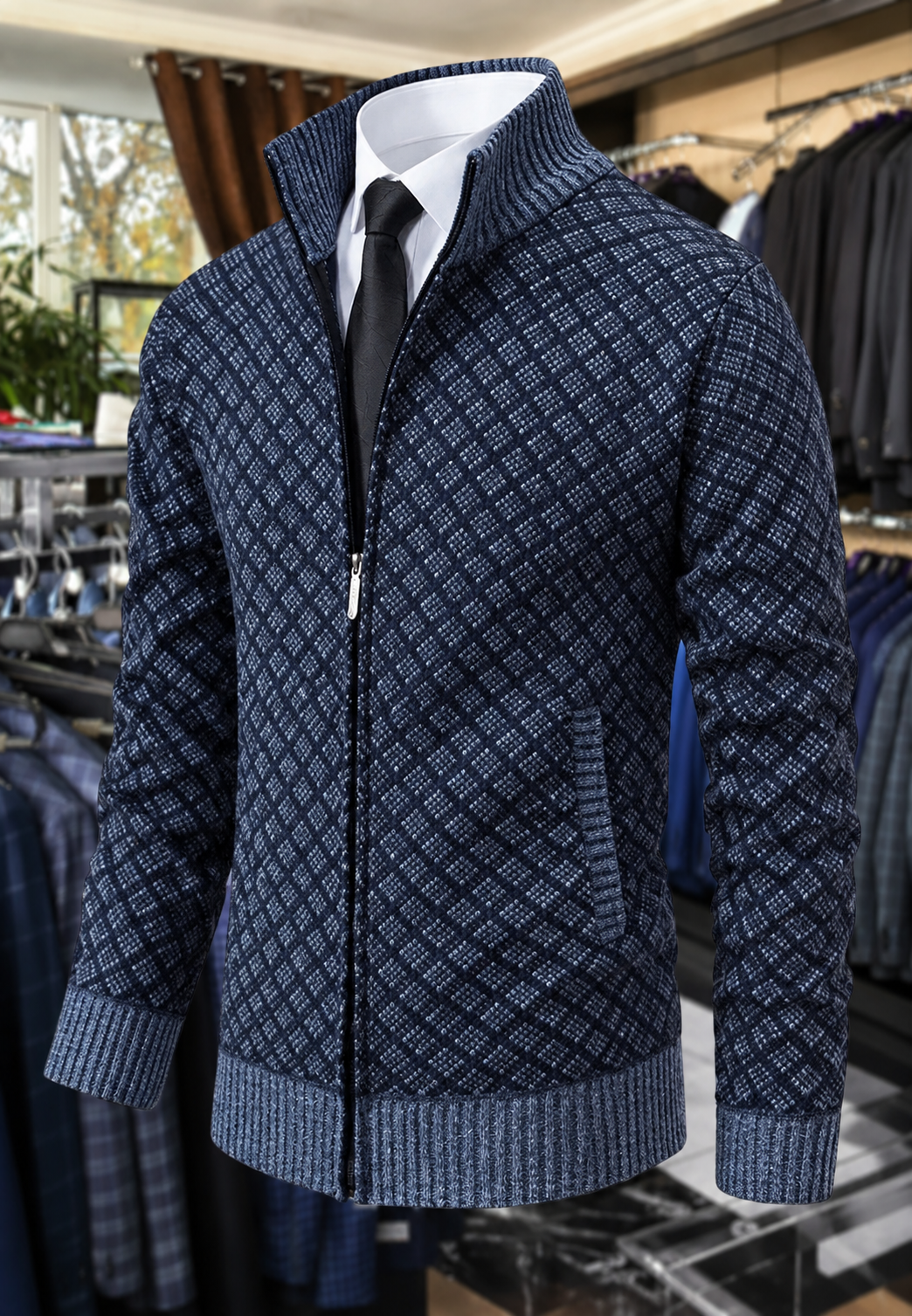 Herren-Strickjacke mit Rautenmuster, Stehkragen und Reißverschluss – Gaëtan