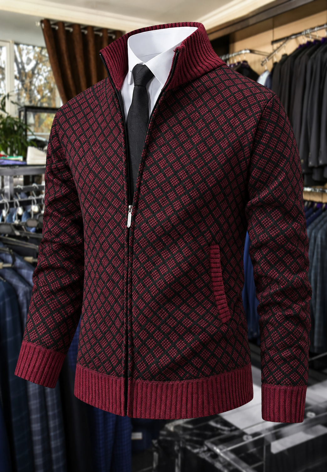 Herren-Strickjacke mit Rautenmuster, Stehkragen und Reißverschluss – Gaëtan