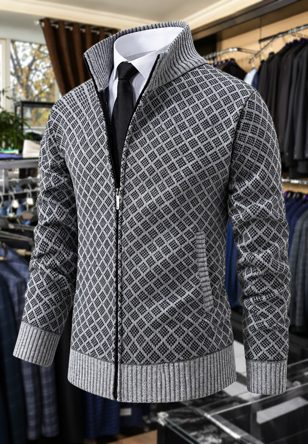 Herren-Strickjacke mit Rautenmuster, Stehkragen und Reißverschluss – Gaëtan