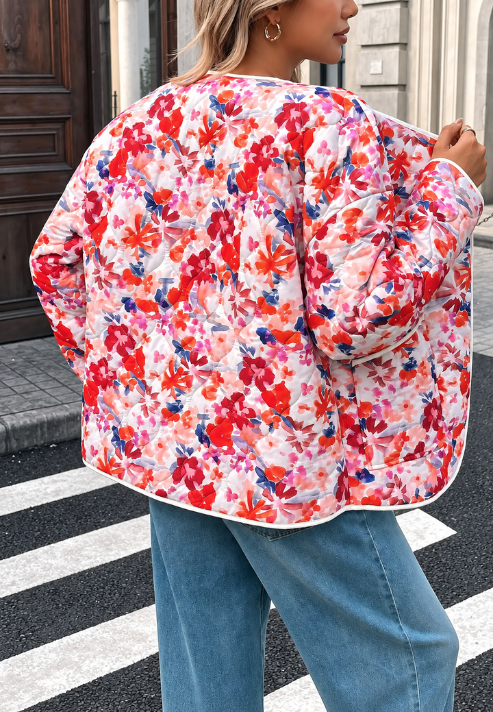 Florale Damen-Steppjacke mit vorderen Taschen und Einfassungen - Renate