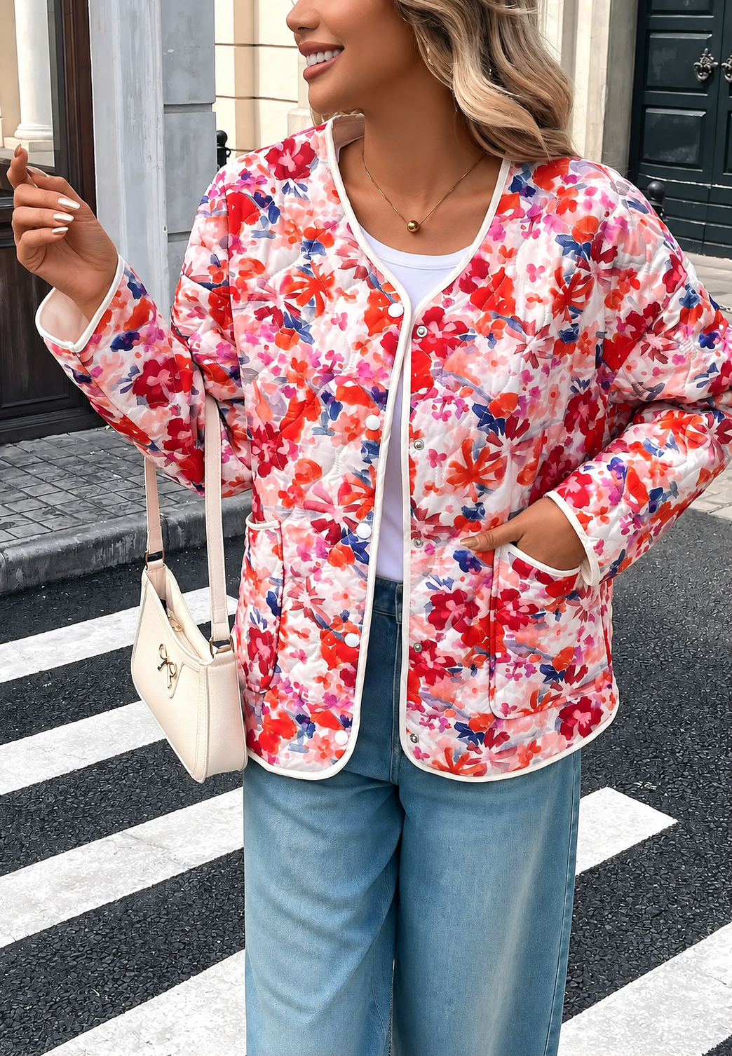 Florale Damen-Steppjacke mit vorderen Taschen und Einfassungen - Renate