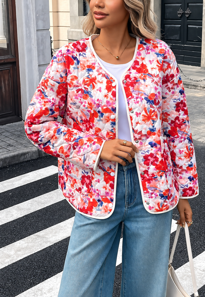 Florale Damen-Steppjacke mit vorderen Taschen und Einfassungen - Renate