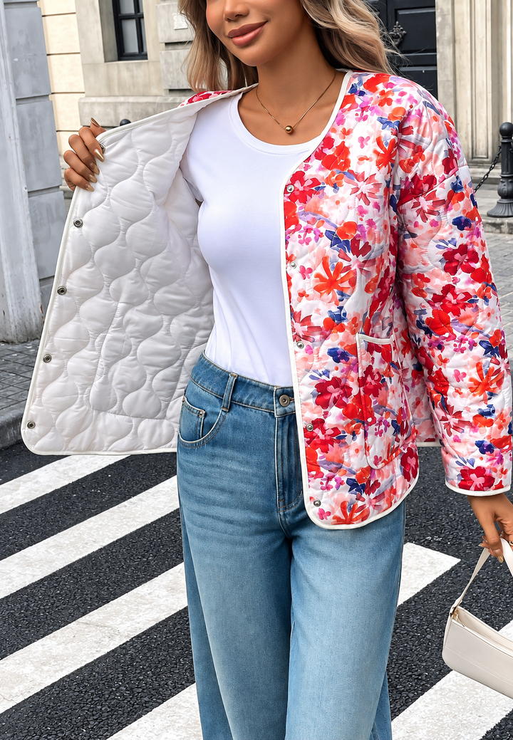 Florale Damen-Steppjacke mit vorderen Taschen und Einfassungen - Renate